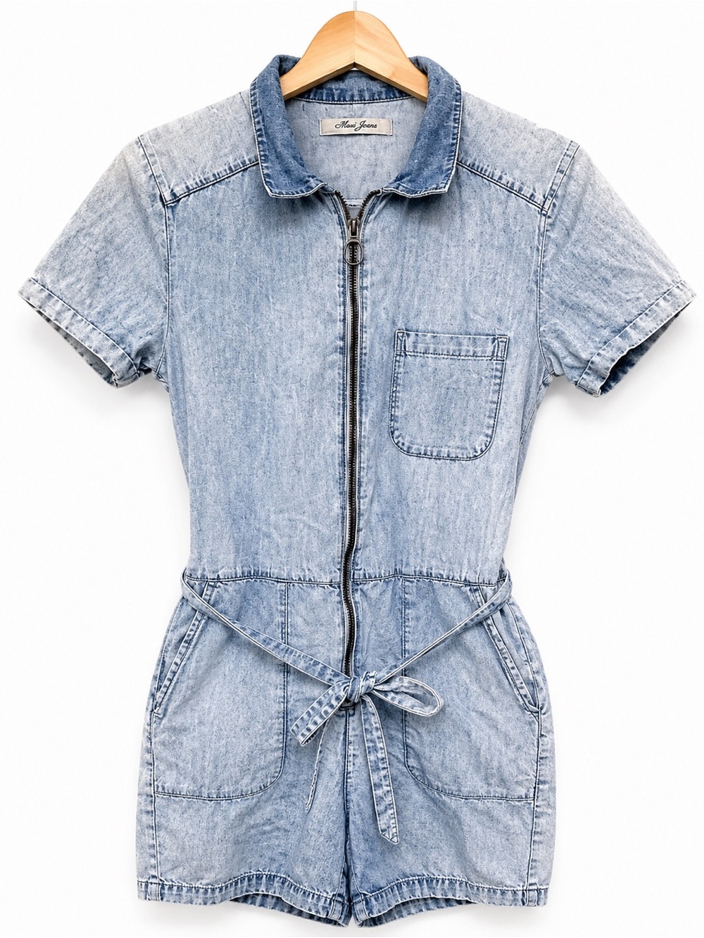 Mavi Jeans Light Wash Denim Zip Front Utility Romper Belted Short Sleeve Size M - Picture 2 of 11